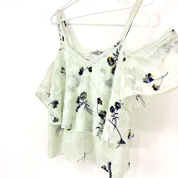 Lucky Brand Pale Blue Navy Blue Floral Print Cold Shoulder Flowy Romantic Blouse - Picture 7 of 14